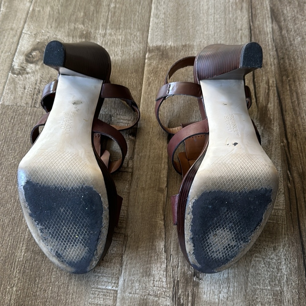 4.5” Stacked Wood Platform Leather Franco Sarto Betsy Chestnut Strappy Heels 9 - Picture 9 of 16